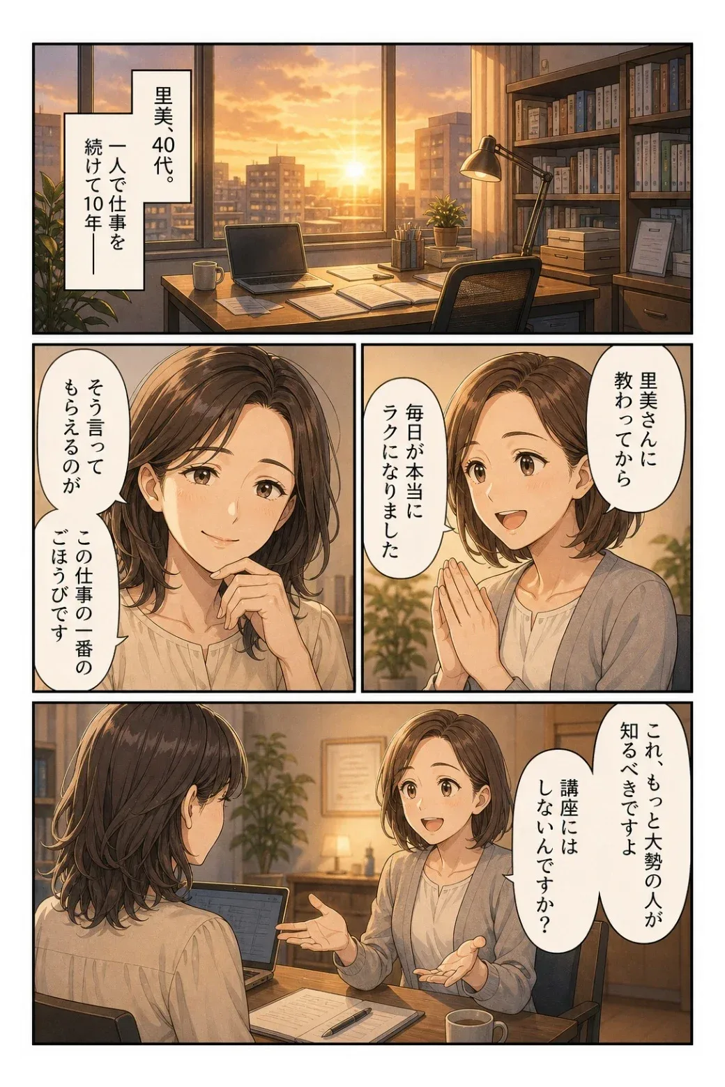里美、40代。一人で仕事を続けて10年